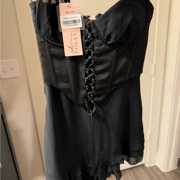 Oh Polly Asymmetric Corset Frill Mini Dress in Black - Picture 5 of 15